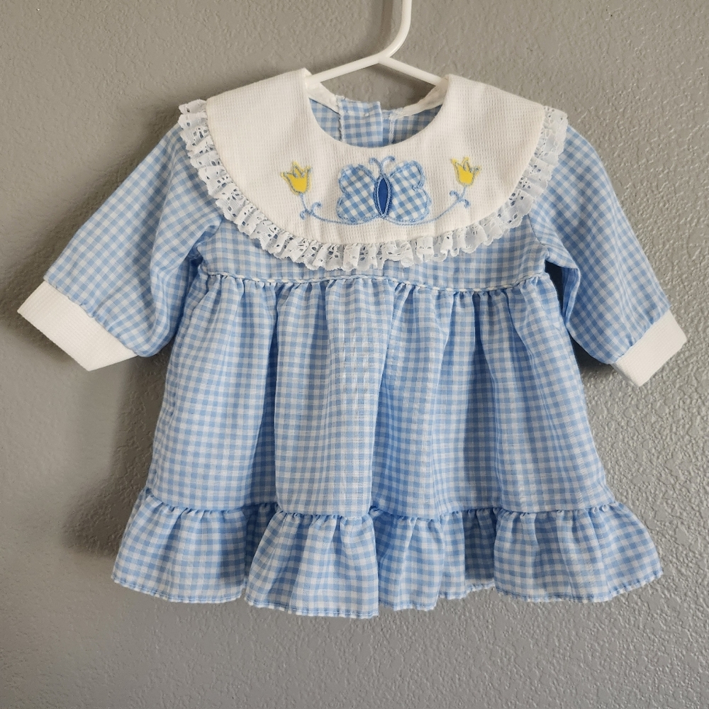 Vintage Girls Gingham Blue Dress Ruffle Hem 9-12 Months